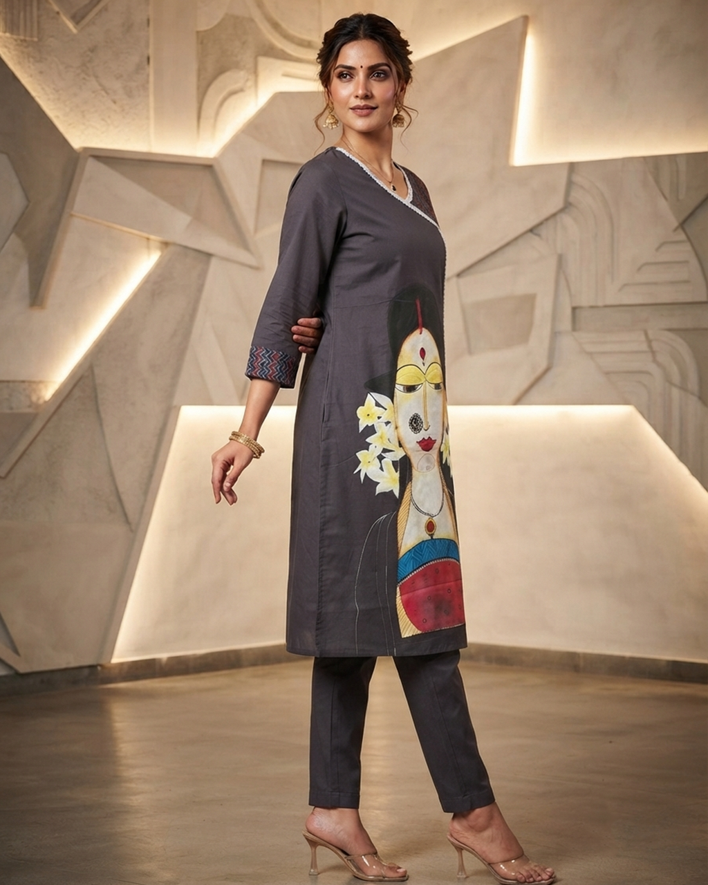 Cotton Angrakha Kurti with Hand-Painted Art & Pure Ajrakh Panel