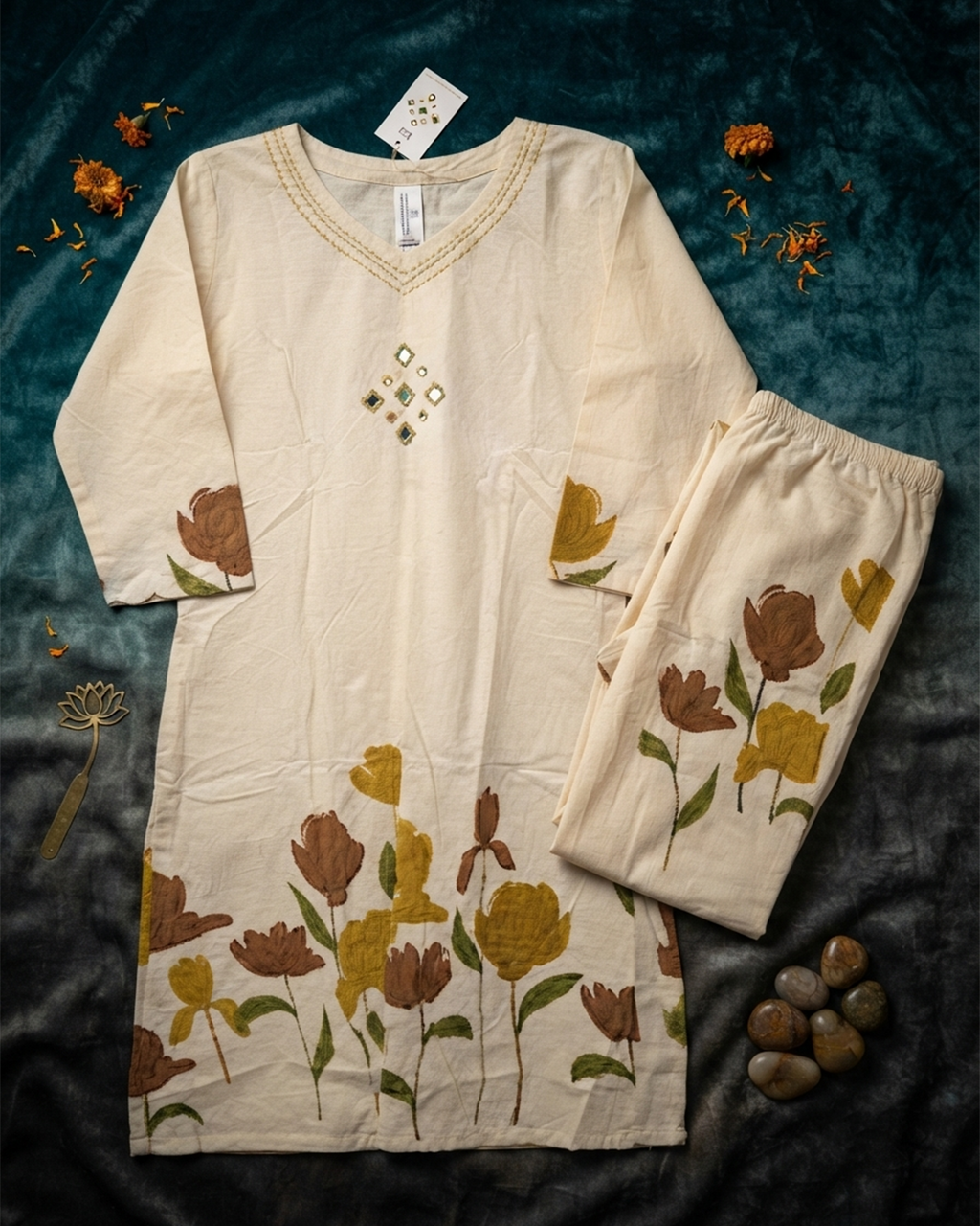 Khadi Cotton Floral Mirror Work Kurta Pant Set