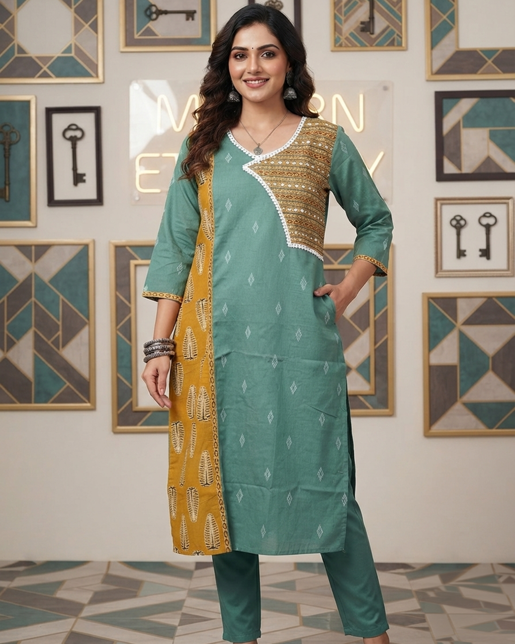 Handloom Cotton Kurti with Ajrakh Panel & Mirror Work