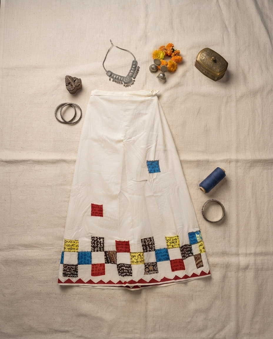 Cotton Wrap Skirt with Applique & Patchwork