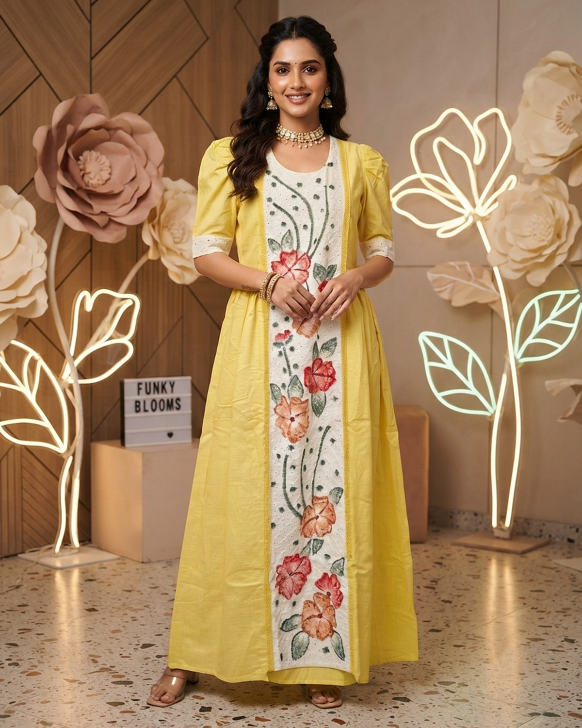 Yellow Vartican Silk Floral Hakoba Gown