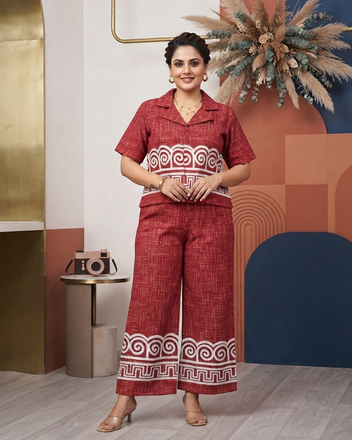 Geometric Embroidered Soft Cotton Co-Ord Set with Palazzo
