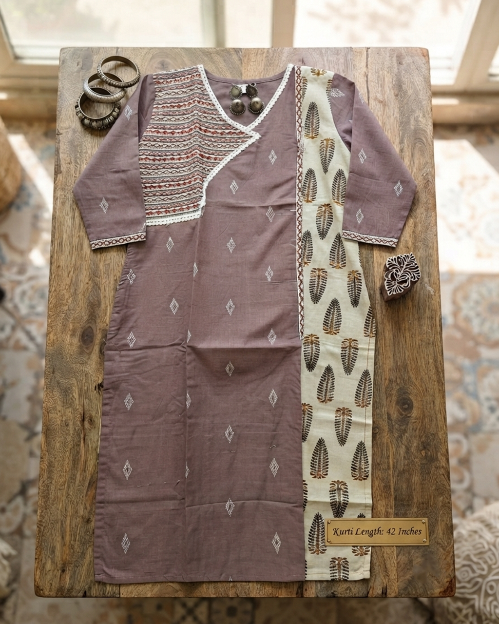 Handloom Cotton Kurti with Ajrakh Panel & Mirror Work