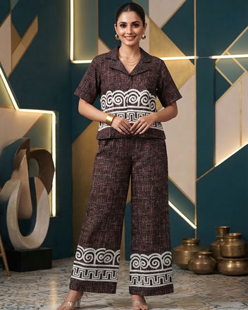 Geometric Embroidered Soft Cotton Co-Ord Set with Palazzo