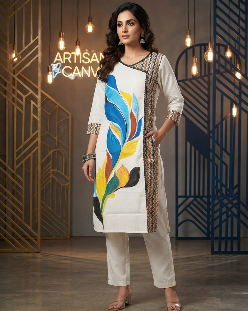 Cotton Angrakha Style Kurti with Floral Motif & Ajrakh Panel