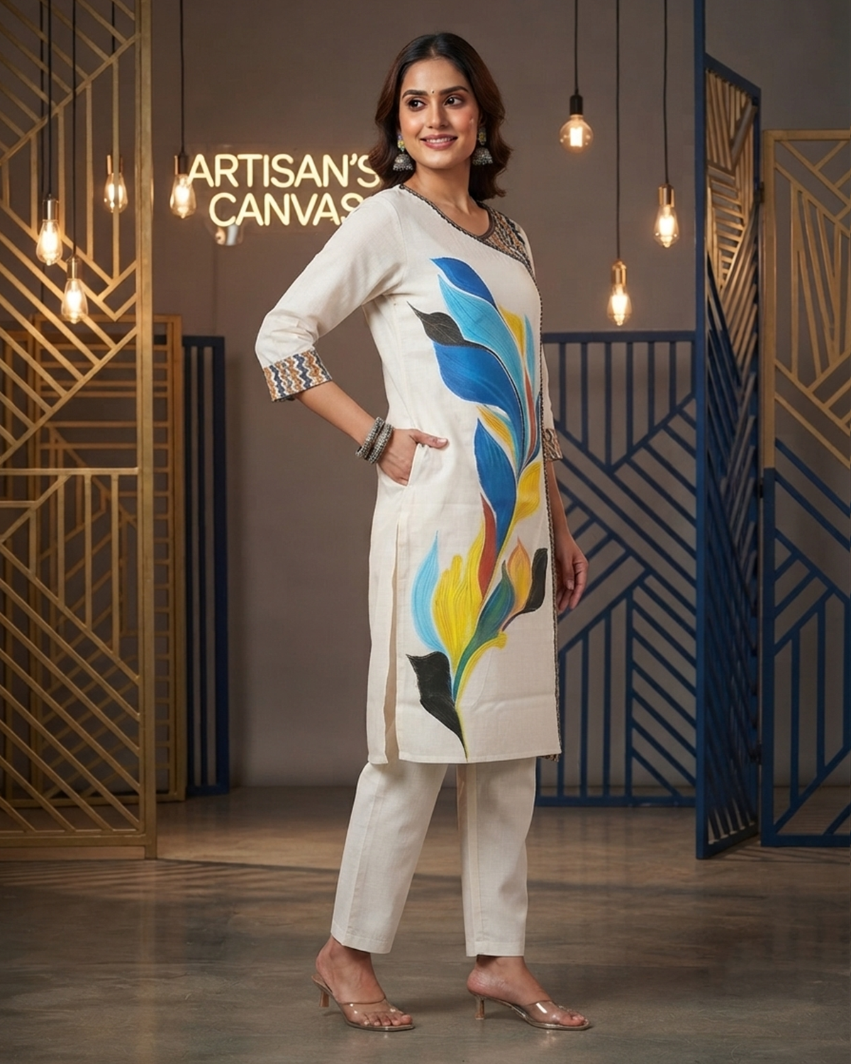 Cotton Angrakha Style Kurti with Floral Motif & Ajrakh Panel