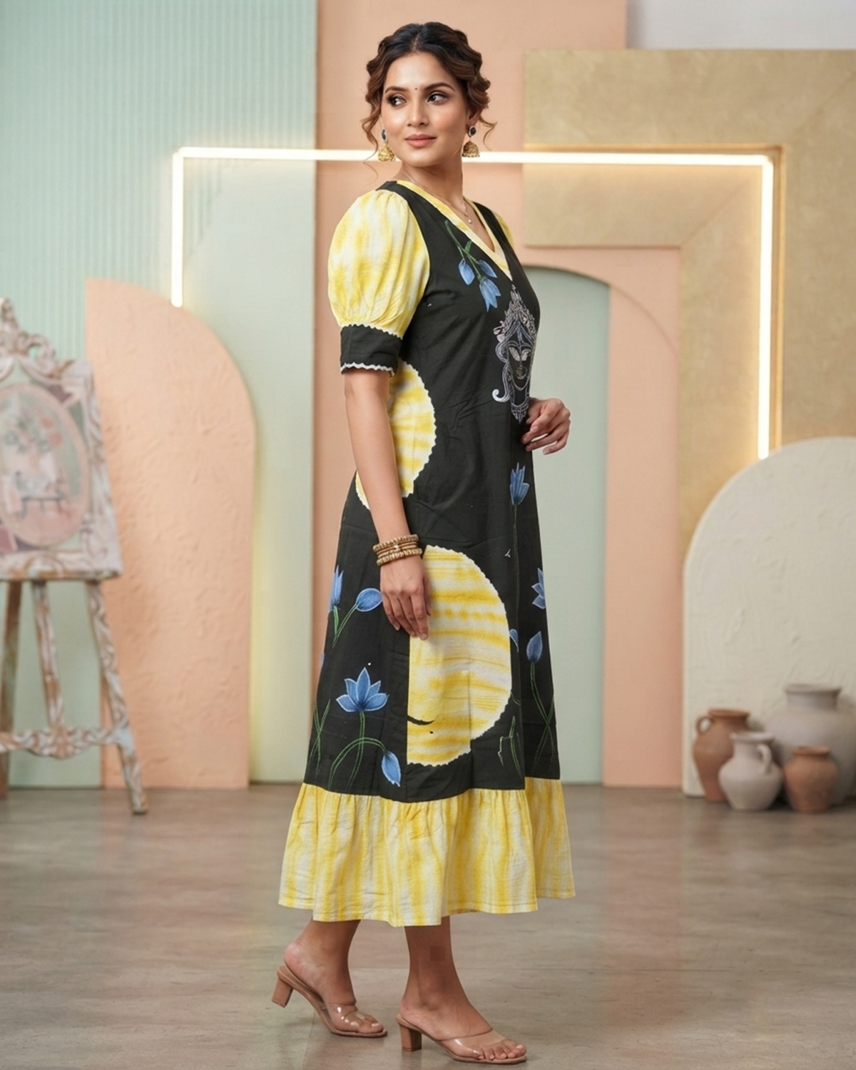 emerald Handpainted Cotton Gown with Tie-Up Belt & Side Pocket