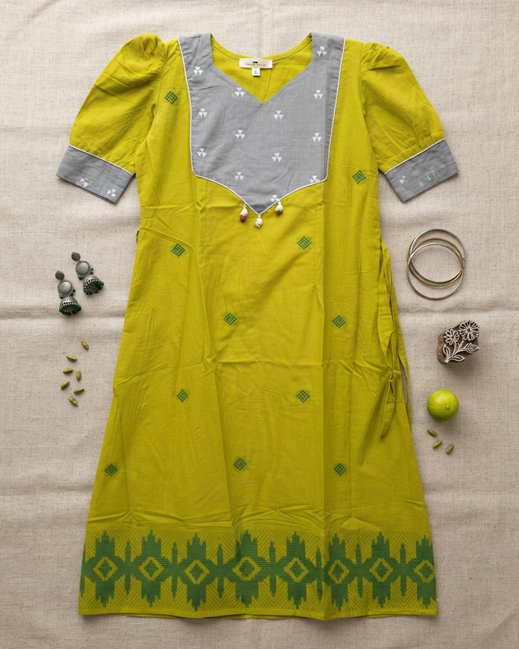 Pure Jamdani Handloom Cotton Lime Green Festive Gown