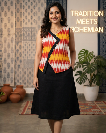 3D Pure Ikkat Cotton Short Kurti with Wooden Buttons