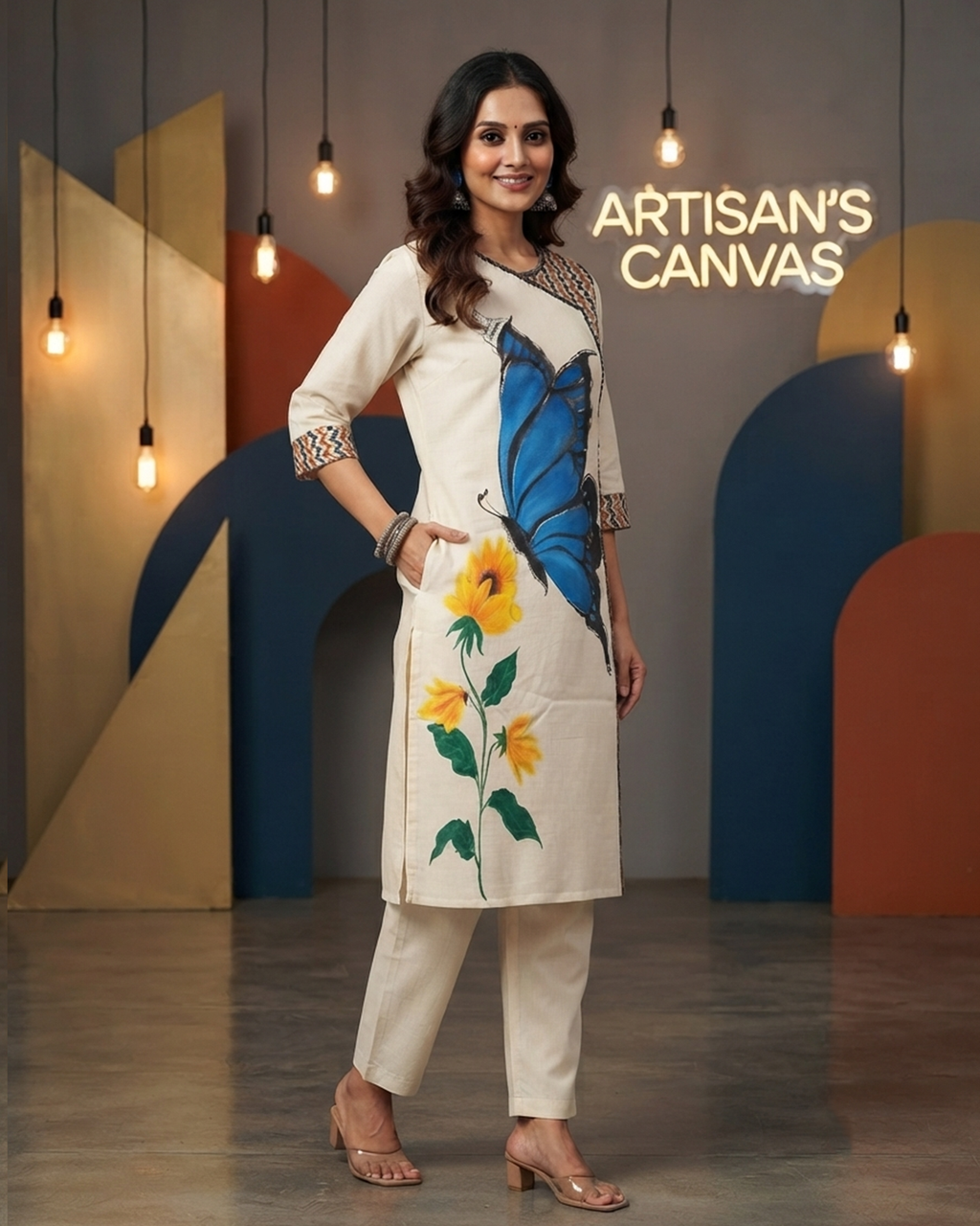 Cotton Kurti with Hand-Painted Butterfly & Pure Ajrakh Panel