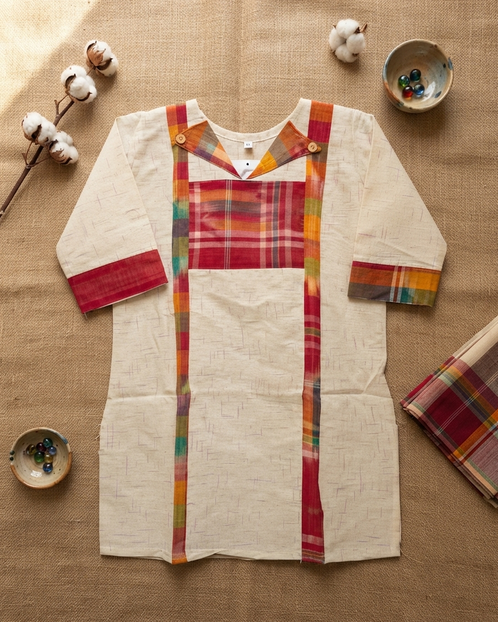 Khadi Cotton Gamcha Patchwork Short Kurti