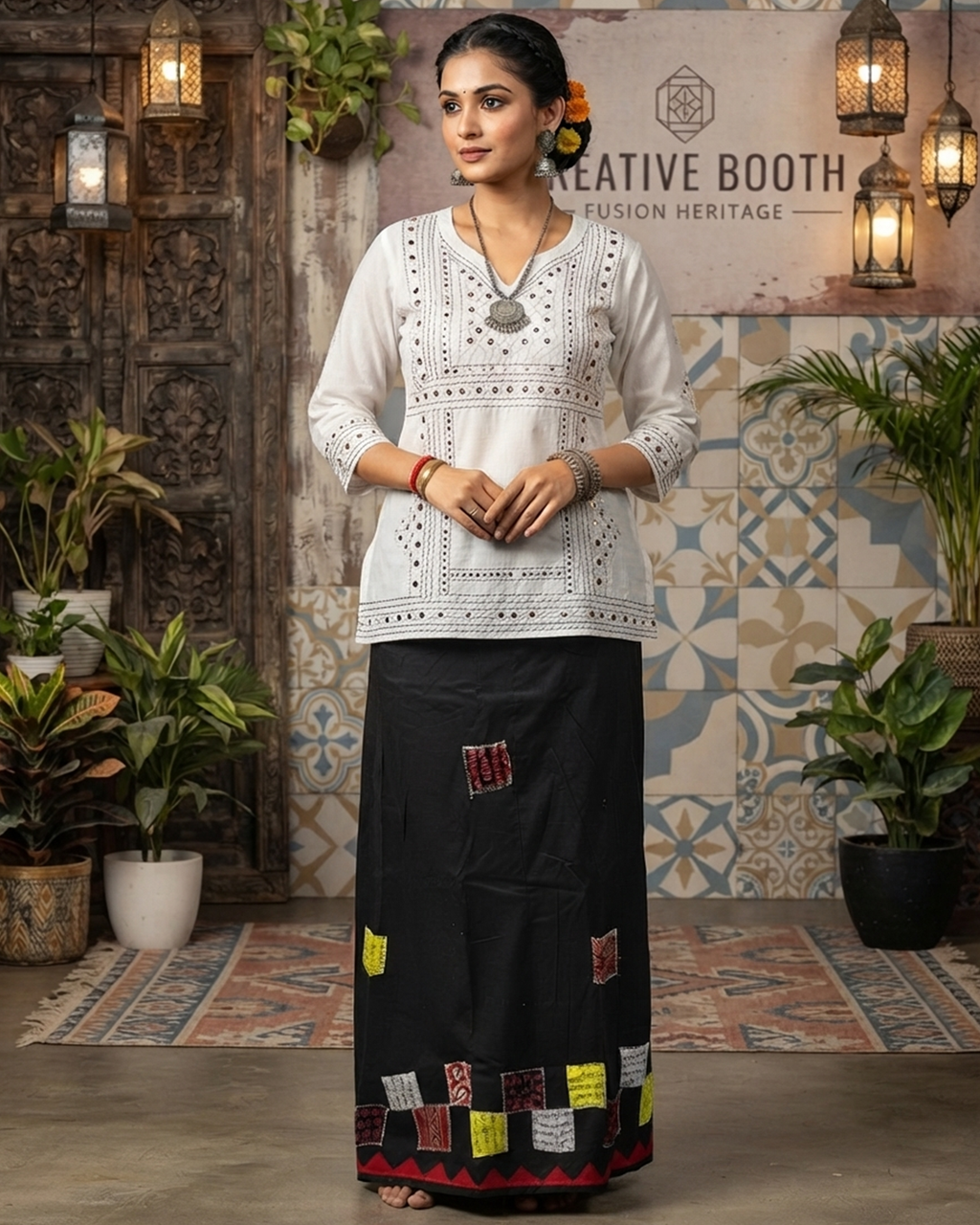 Cotton Wrap Skirt with Applique & Patchwork