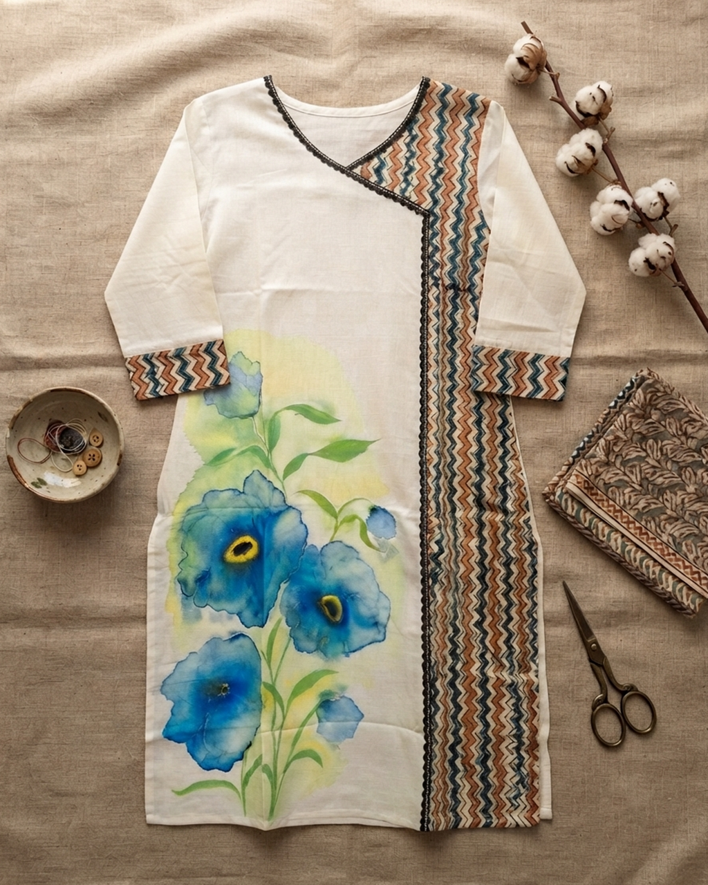 Floral Hand-Painted Cotton Kurti with Pure Ajrakh Panel