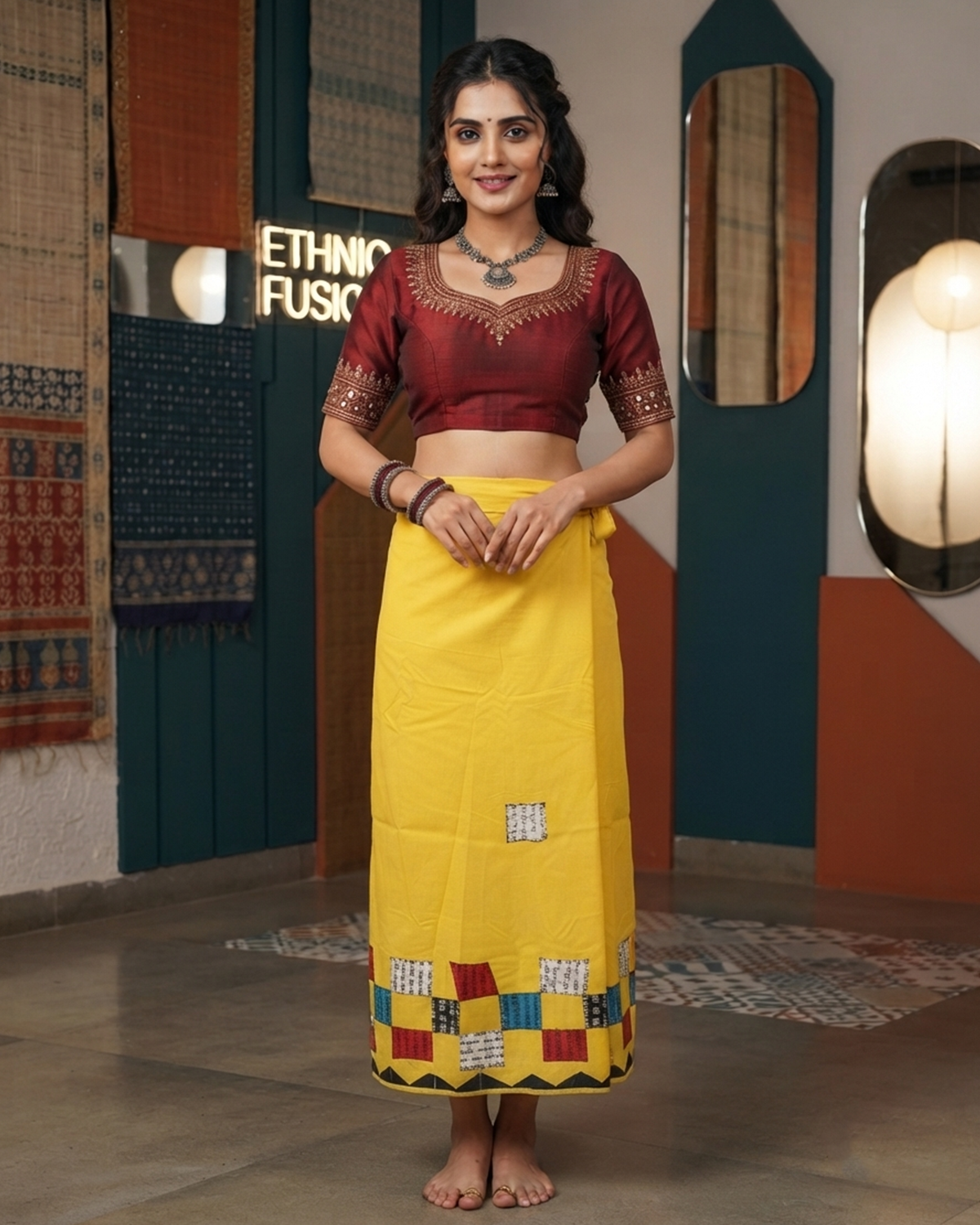 Cotton Wrap Skirt with Applique & Patchwork