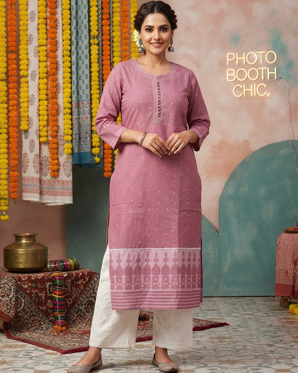 Mauve Temple Motif Soft Cotton Kurti Set with Chikankari Pant