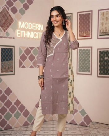 Handloom Cotton Kurti with Ajrakh Panel & Mirror Work