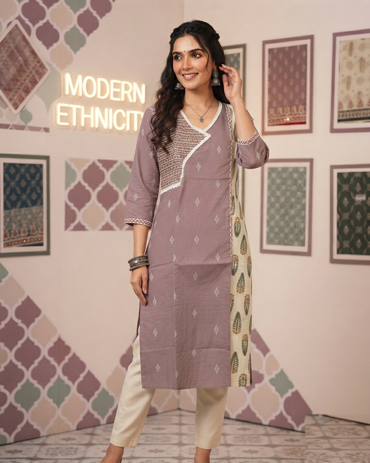 Handloom Cotton Kurti with Ajrakh Panel & Mirror Work