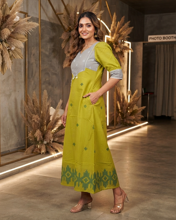 Pure Jamdani Handloom Cotton Lime Green Festive Gown