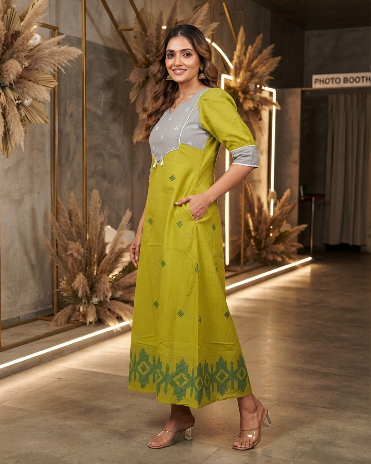 Pure Jamdani Handloom Cotton Lime Green Festive Gown
