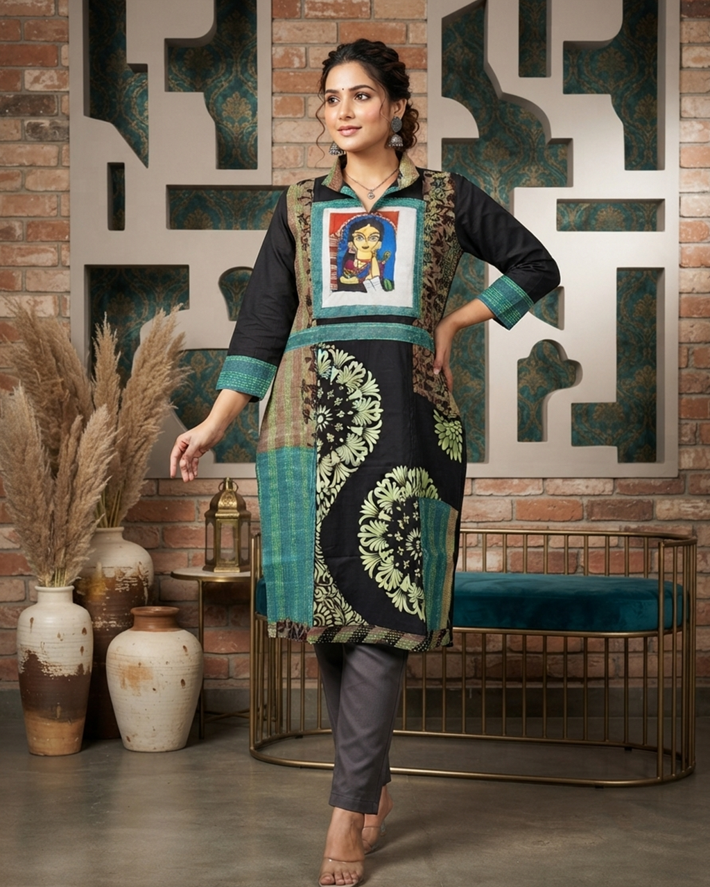 Black Cotton Handpainted Kantha Stitch Kurti with Collar