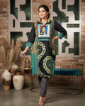 Black Cotton Handpainted Kantha Stitch Kurti with Collar