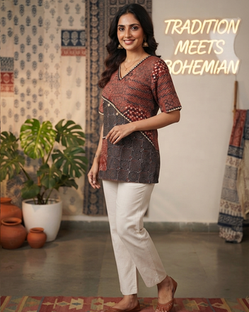 Rust & Black Pure Ajrakh Patchwork Cotton Short Kurti
