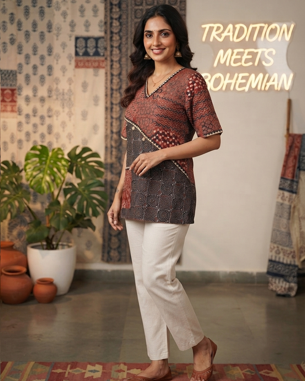 Rust & Black Pure Ajrakh Patchwork Cotton Short Kurti
