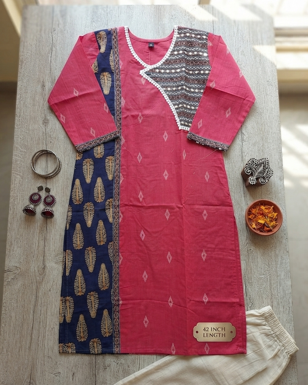 Handloom Cotton Kurti with Ajrakh Panel & Mirror Work