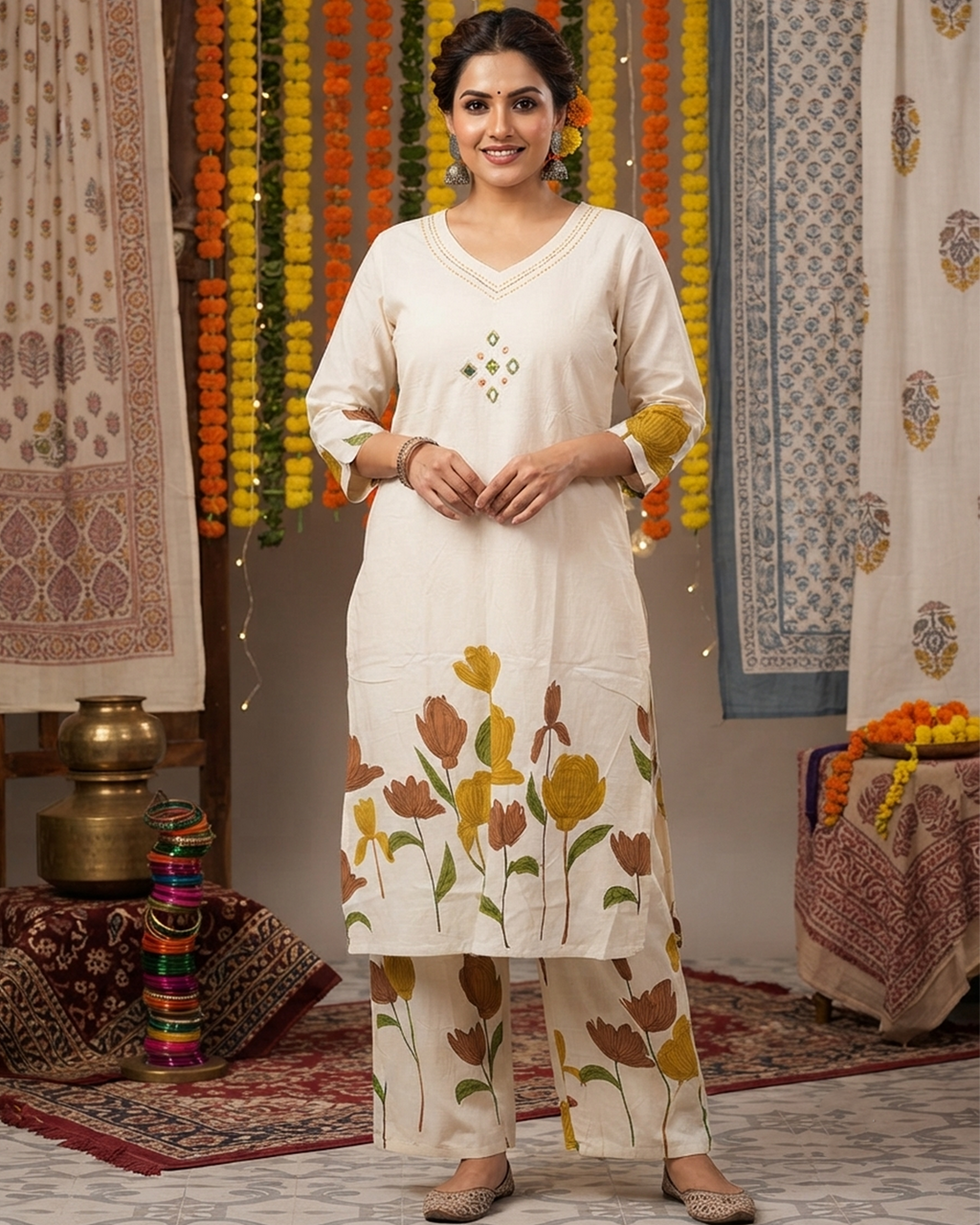 Khadi Cotton Floral Mirror Work Kurta Pant Set