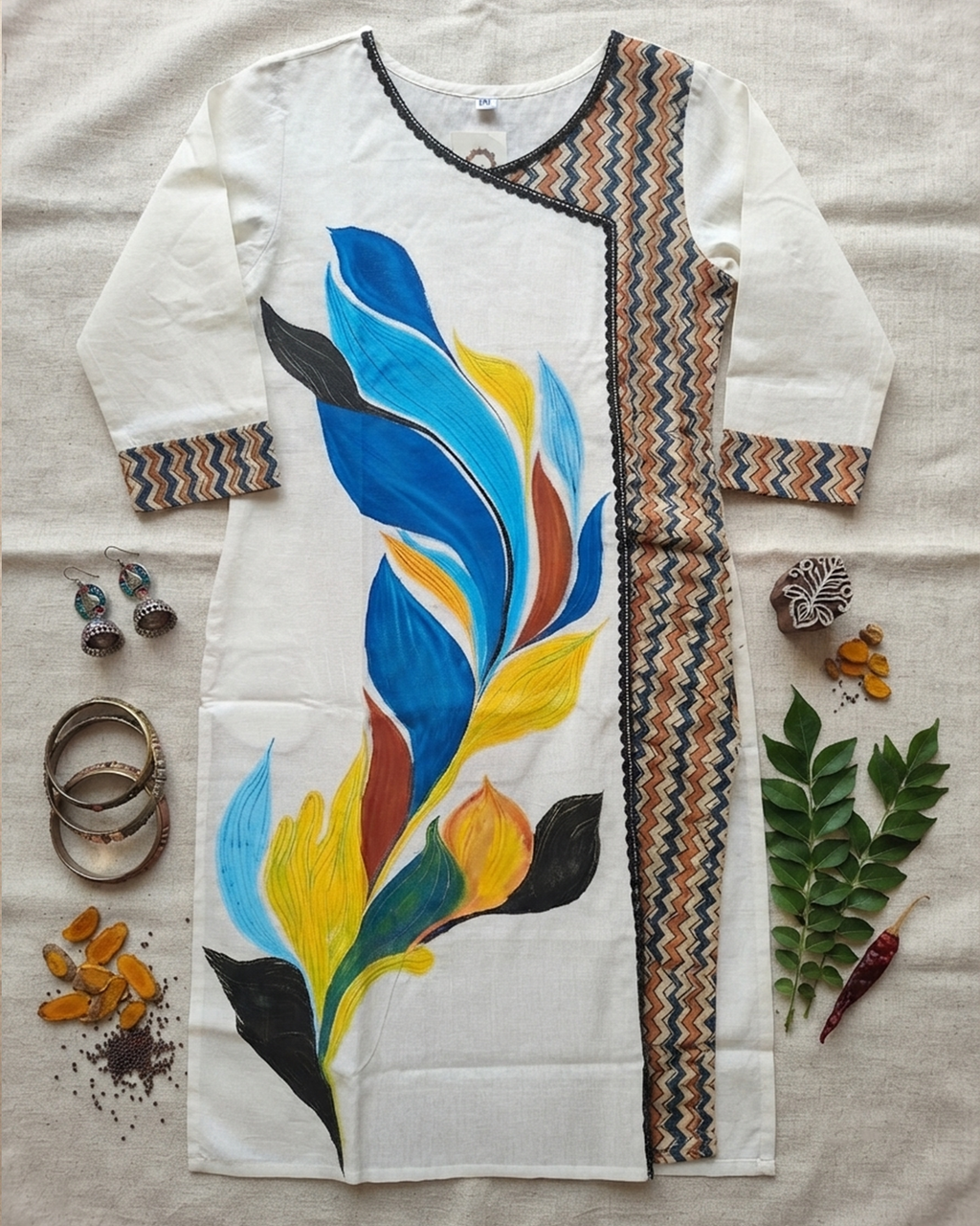 Cotton Angrakha Style Kurti with Floral Motif & Ajrakh Panel