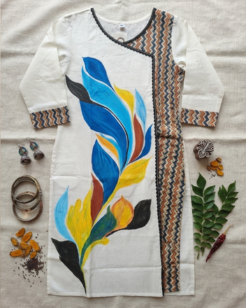 Cotton Angrakha Style Kurti with Floral Motif & Ajrakh Panel