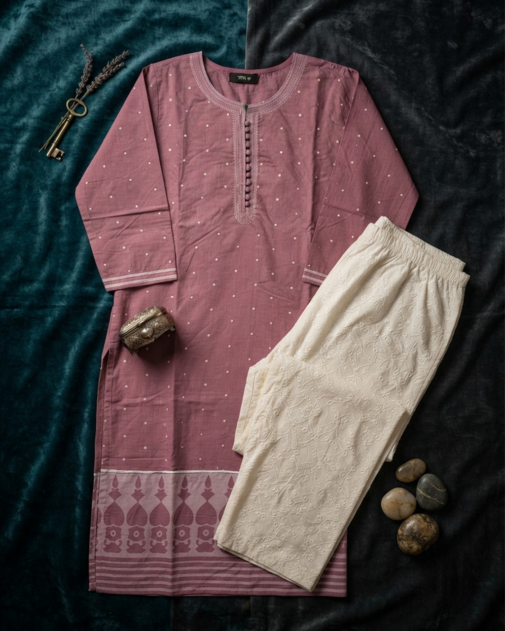 Mauve Temple Motif Soft Cotton Kurti Set with Chikankari Pant