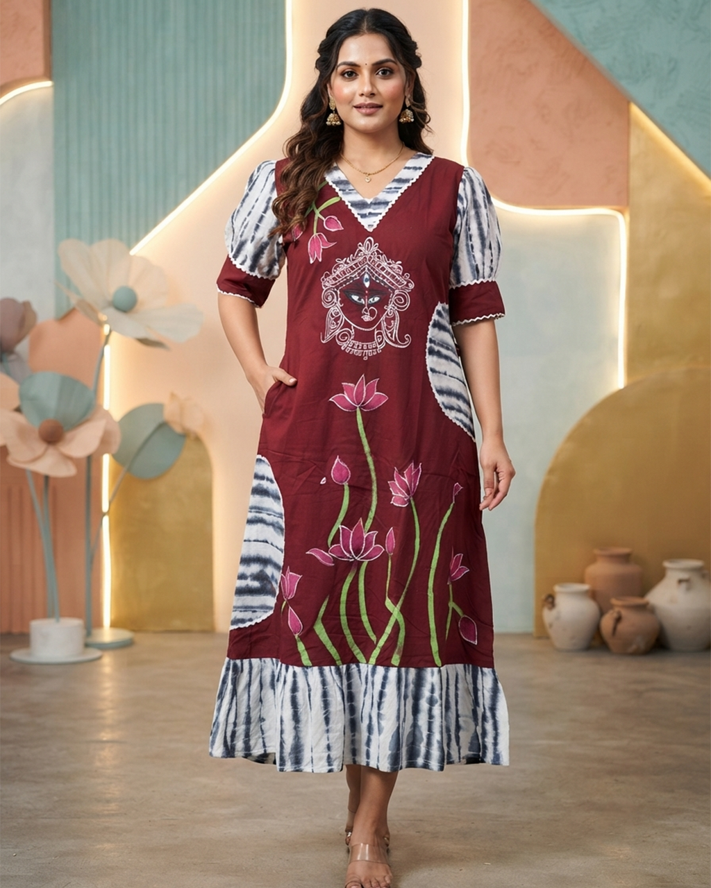 Maroon Handpainted Cotton Gown with Tie-Up Belt & Side Pocket