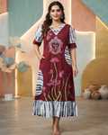 Maroon Handpainted Cotton Gown with Tie-Up Belt & Side Pocket
