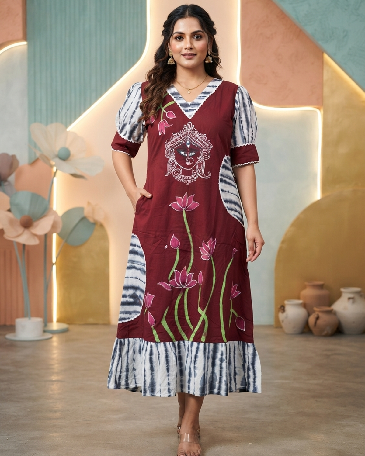 Maroon Handpainted Cotton Gown with Tie-Up Belt & Side Pocket