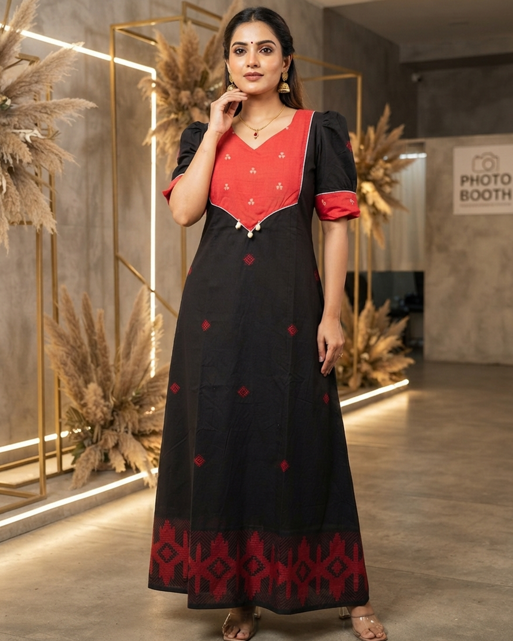 Pure Jamdani Handloom Cotton Black & Red Festive Gown