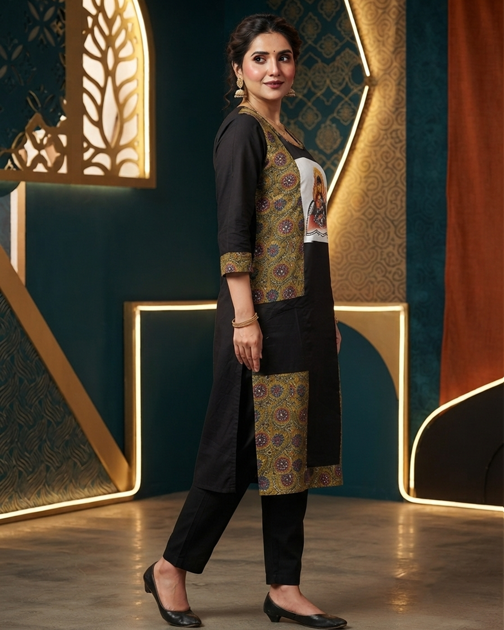 Black Handpainted Maa Durga Cotton Kurti with Ajrakh Panel & Pockets