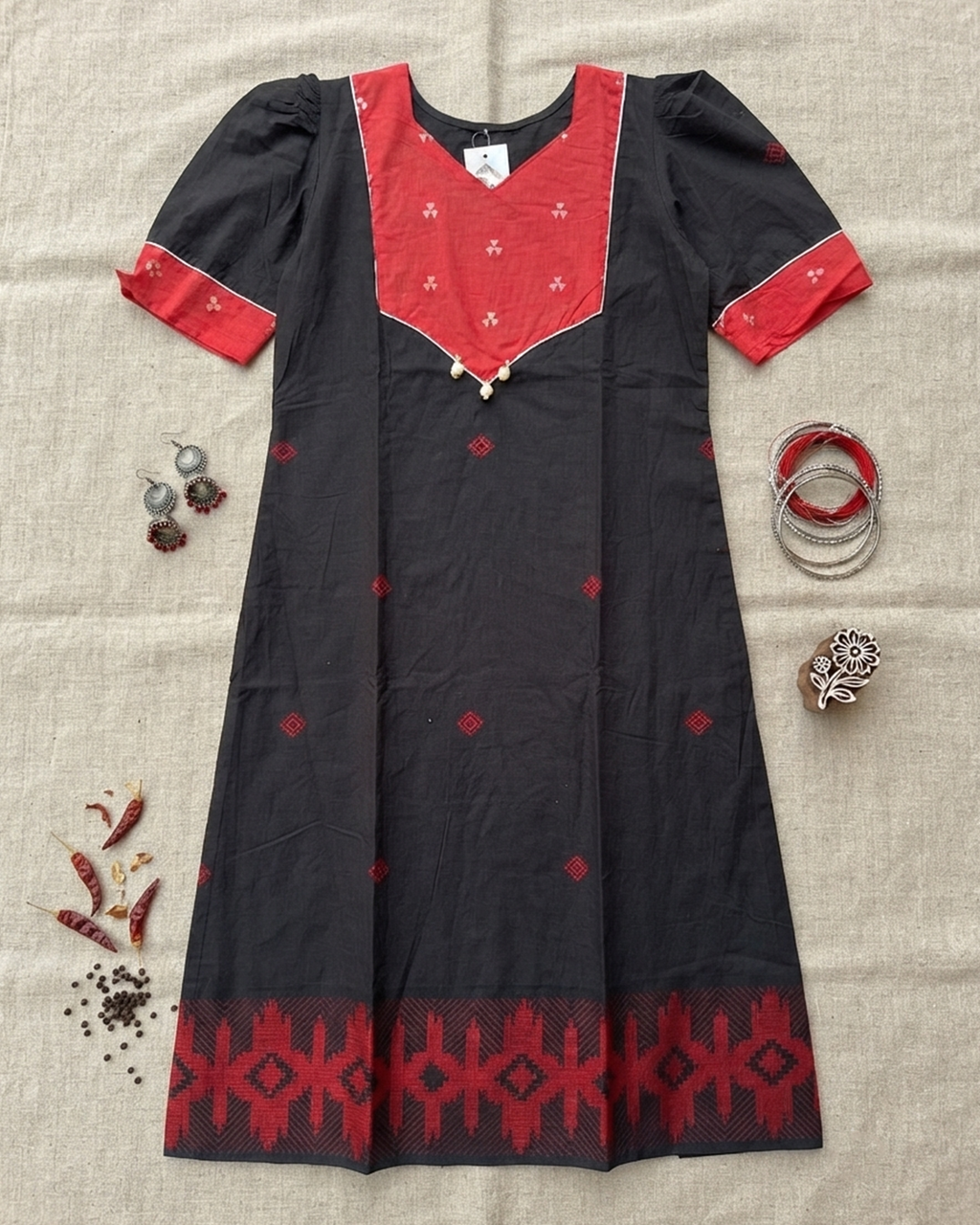 Pure Jamdani Handloom Cotton Black & Red Festive Gown