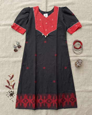 Pure Jamdani Handloom Cotton Black & Red Festive Gown
