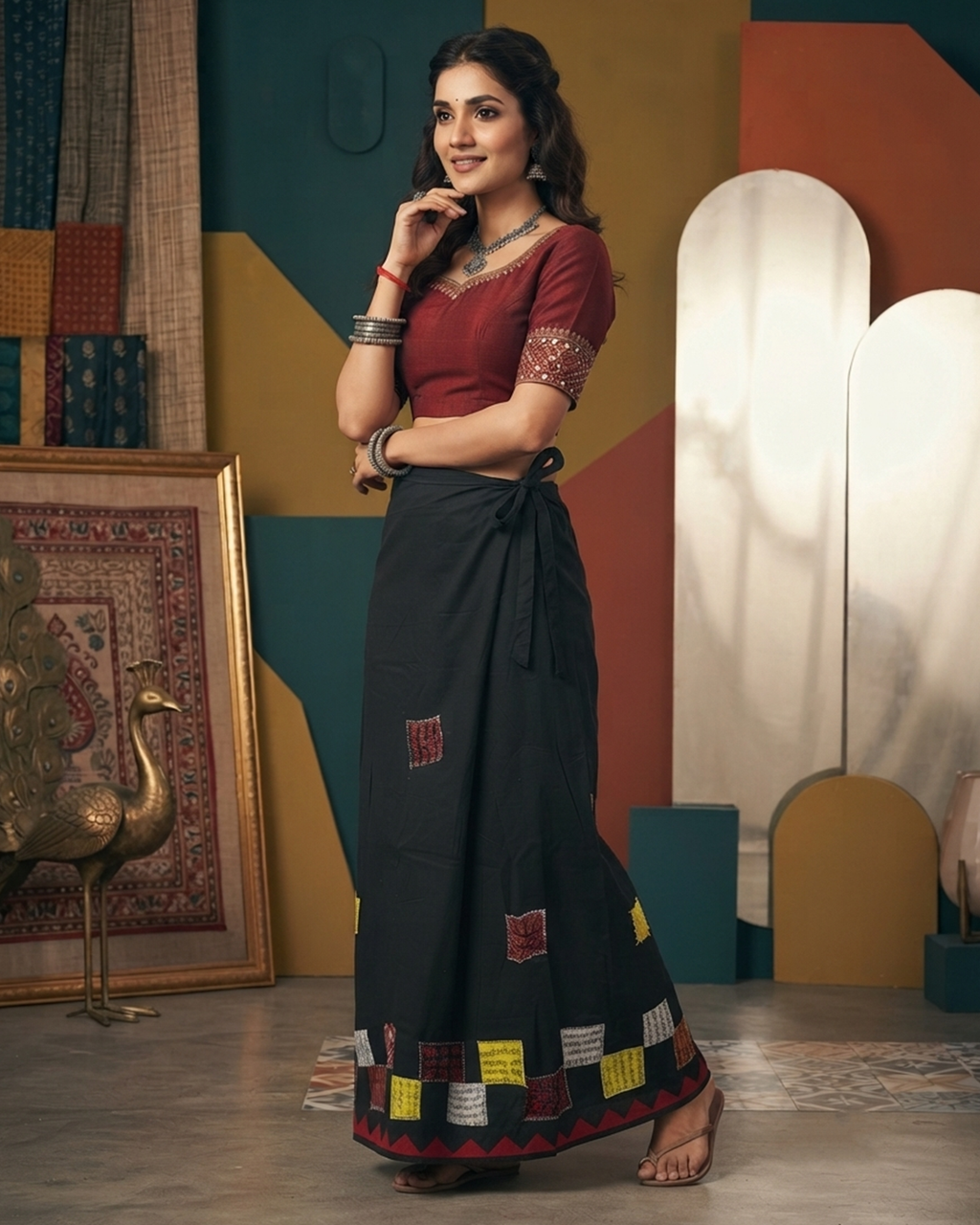 Cotton Wrap Skirt with Applique & Patchwork