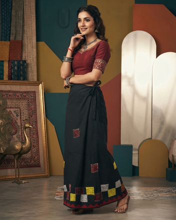 Cotton Wrap Skirt with Applique & Patchwork