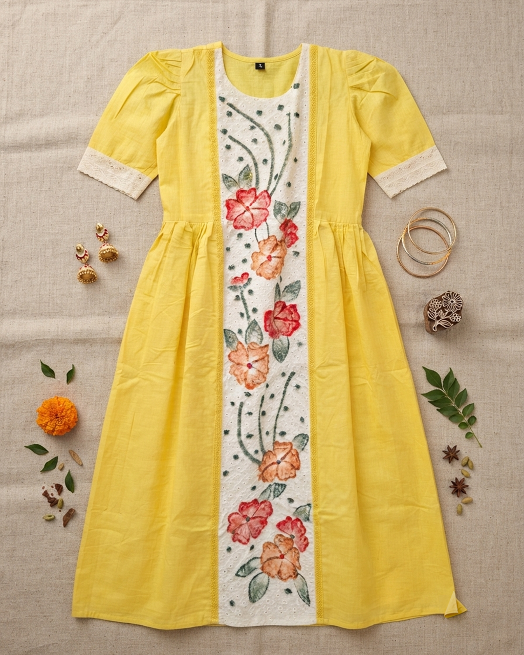 Yellow Vartican Silk Floral Hakoba Gown