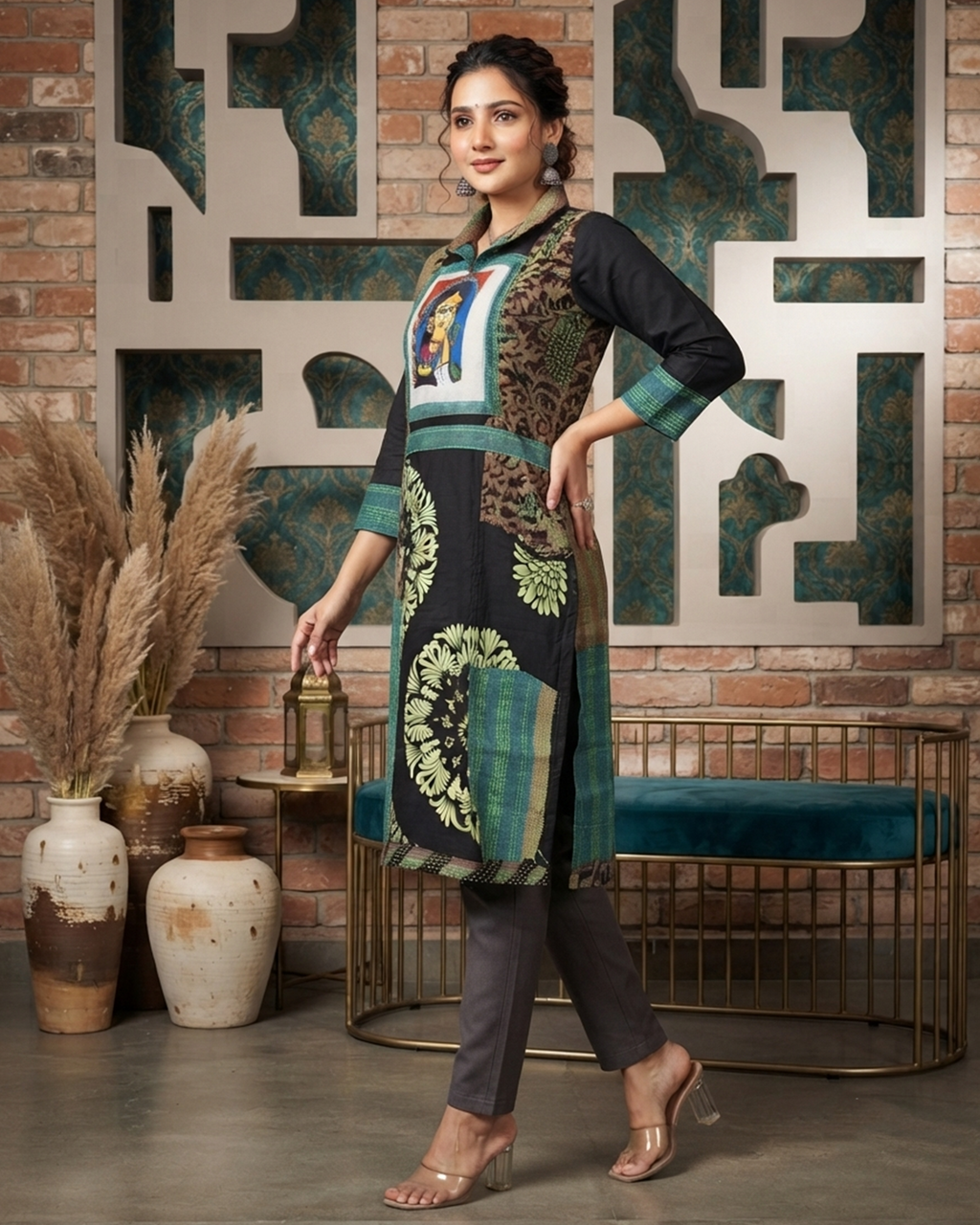 Black Cotton Handpainted Kantha Stitch Kurti with Collar