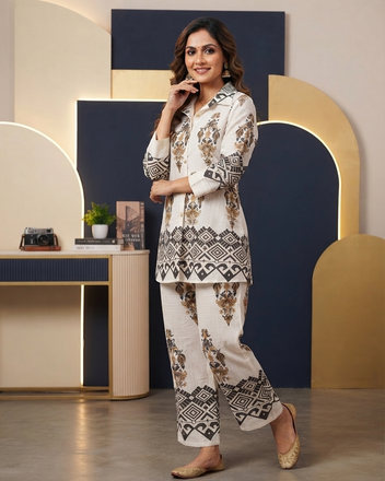 Vartican Silk Printed Shirt & Palazzo Co-Ord Set