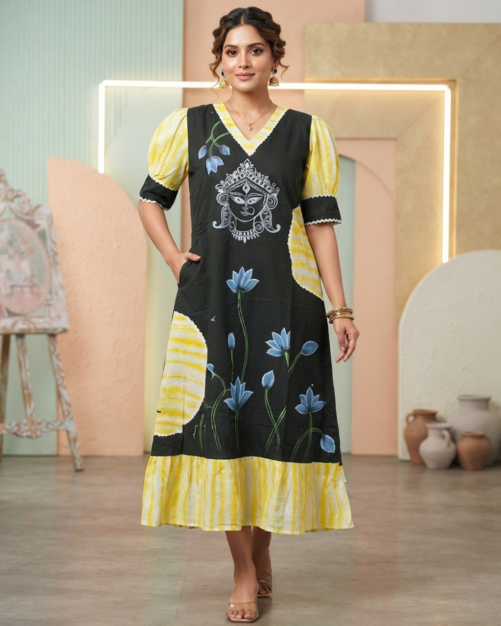 emerald Handpainted Cotton Gown with Tie-Up Belt & Side Pocket