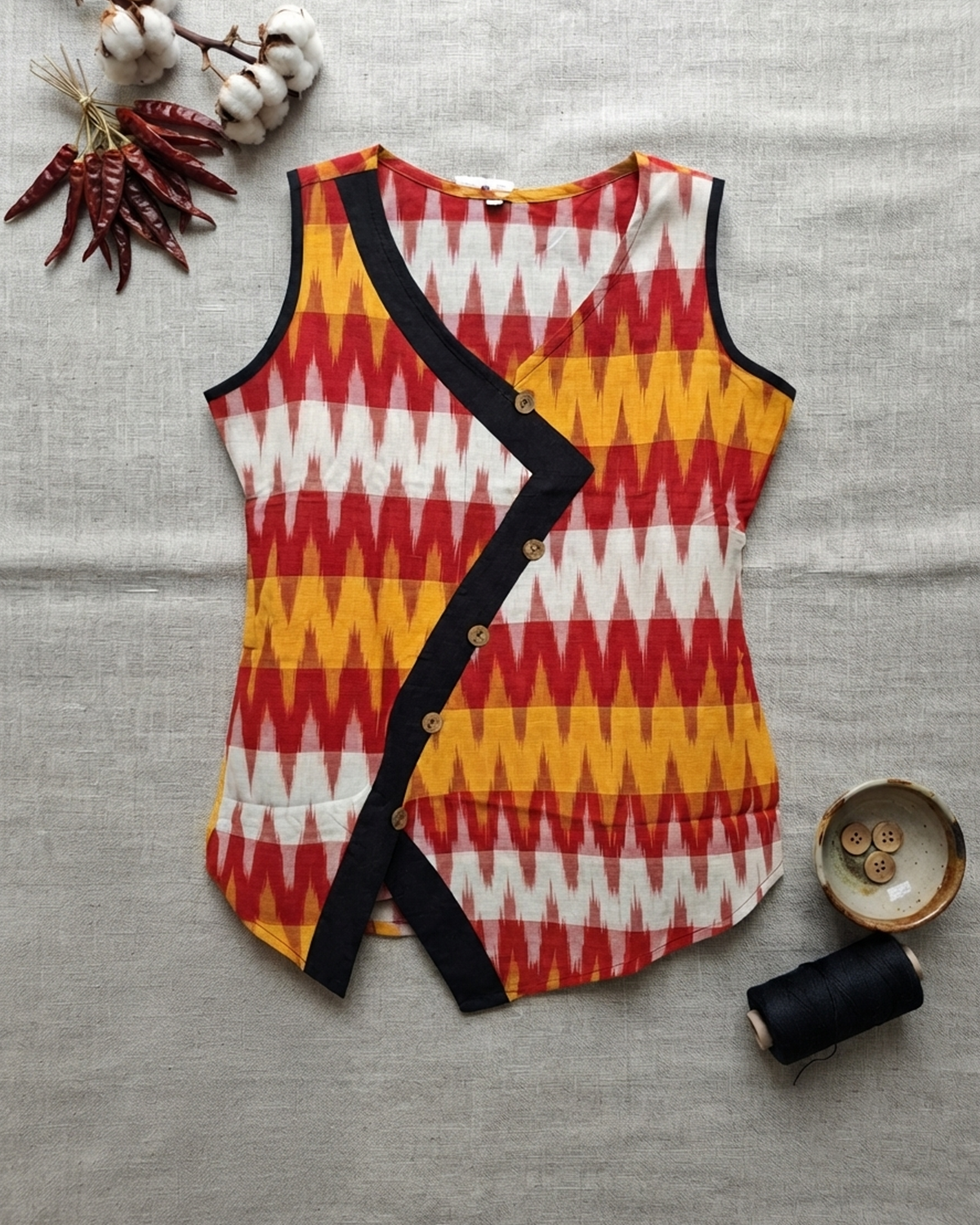 3D Pure Ikkat Cotton Short Kurti with Wooden Buttons