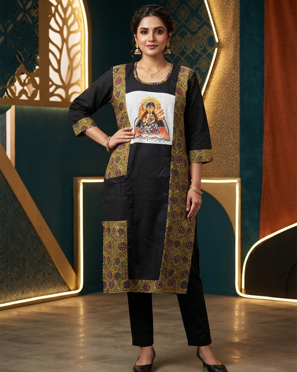 Black Handpainted Maa Durga Cotton Kurti with Ajrakh Panel & Pockets