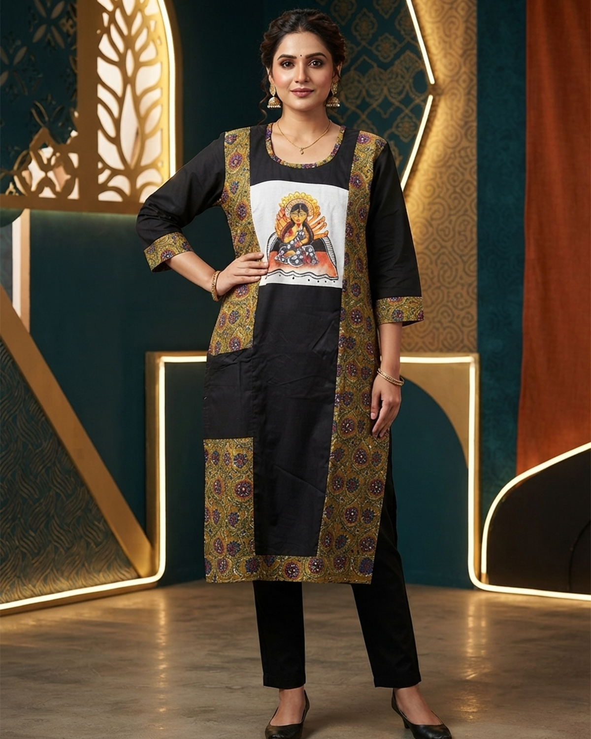 Black Handpainted Maa Durga Cotton Kurti with Ajrakh Panel & Pockets