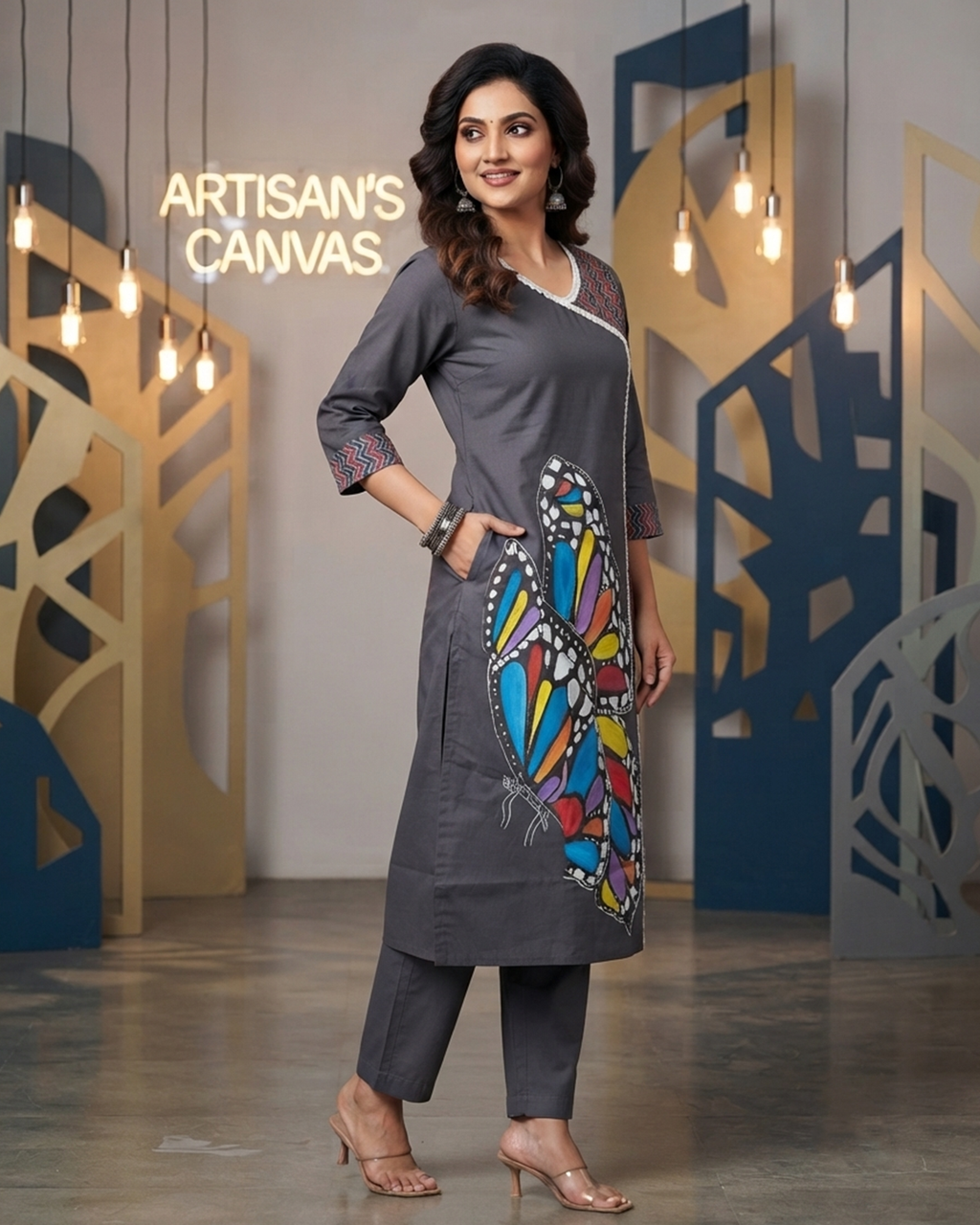 Cotton Kurti with Hand-Painted Butterfly & Ajrakh Panel