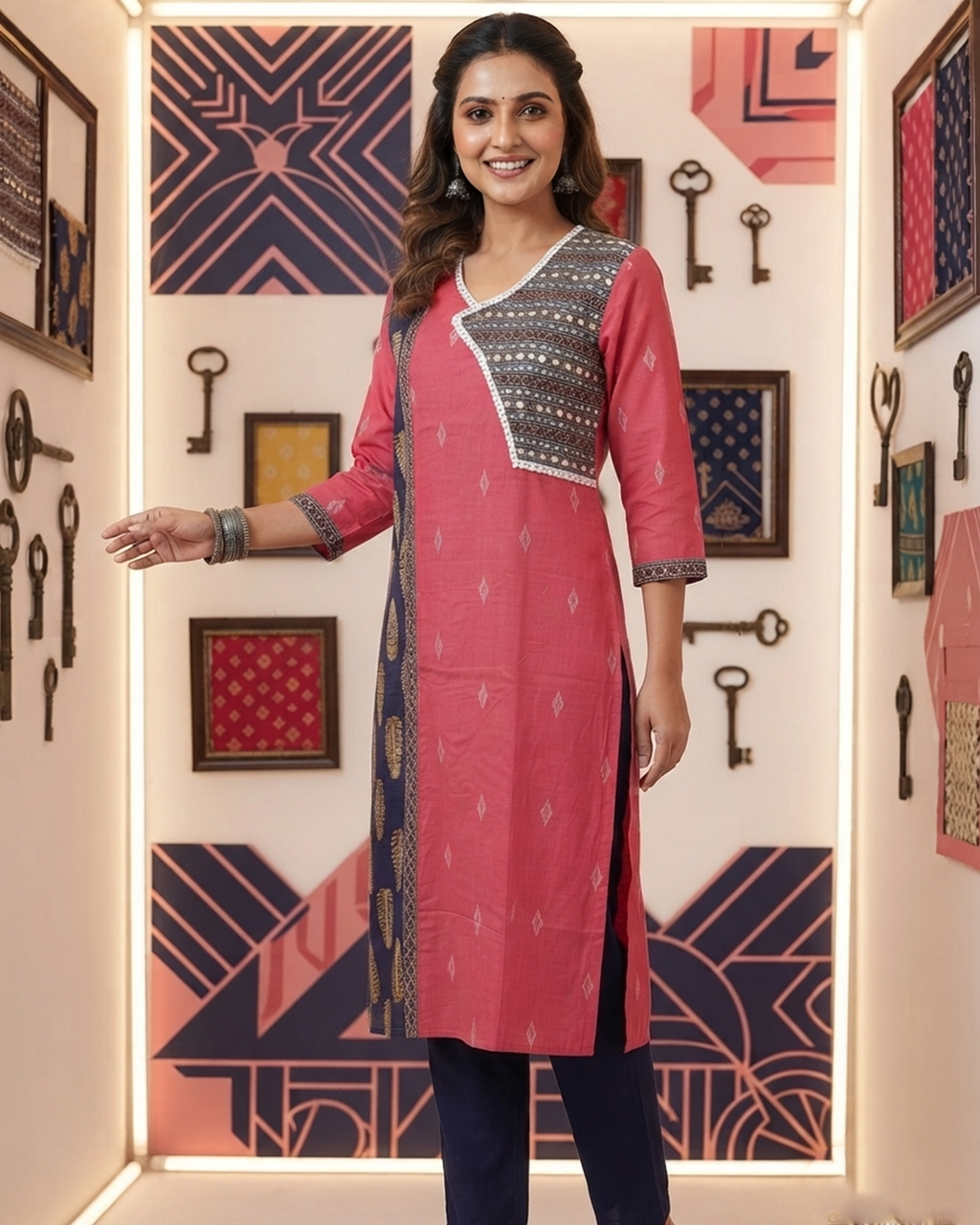Handloom Cotton Kurti with Ajrakh Panel & Mirror Work